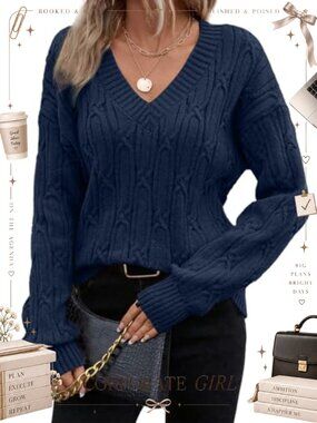 Cable Knit V-Neck Pullover Sweater Long Sleeve Casual
